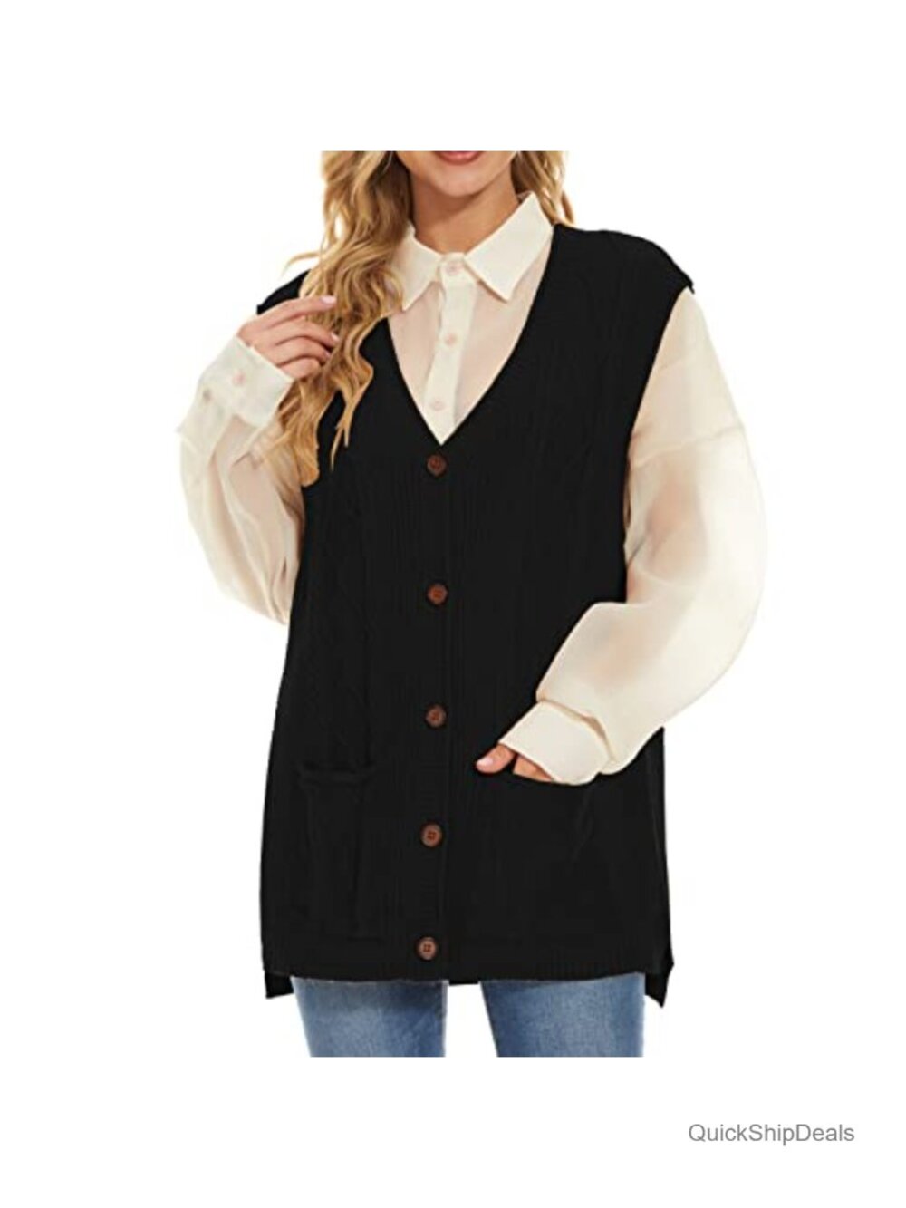 Sleeveless Cable Knit Sweater Vest Button Front Pockets